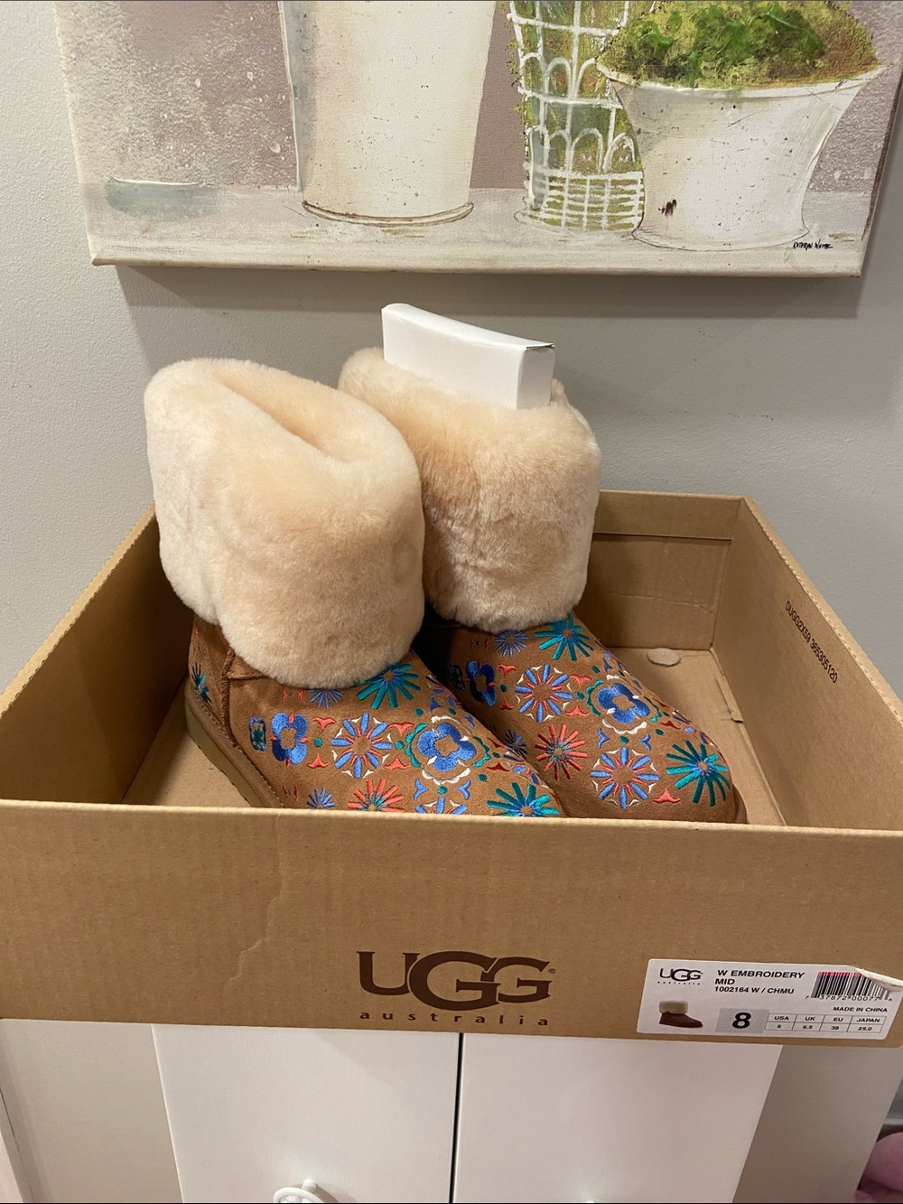 UGG Tan Suede Shearling Boots with Multicolor Floral Embroidery